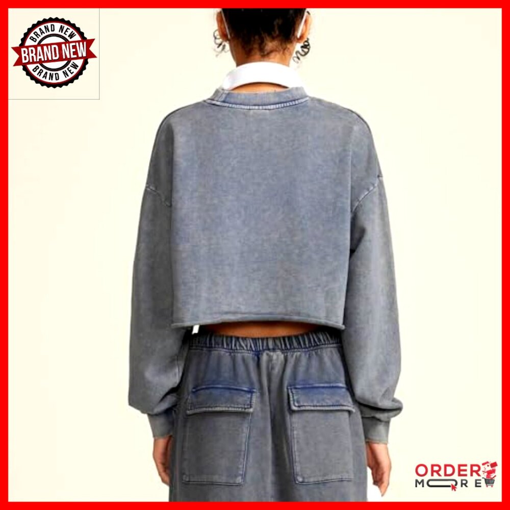 Vintage Cropped Pullover Sweatshirt Long Sleeve Acid Wash Hoodie - Picture 2 of 7